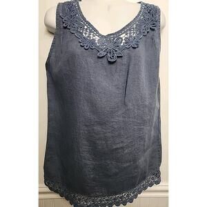 Lungo L'arno 100% Linen Tank Top Women’s Medium Sleeveless Lace Trim Blue Italy